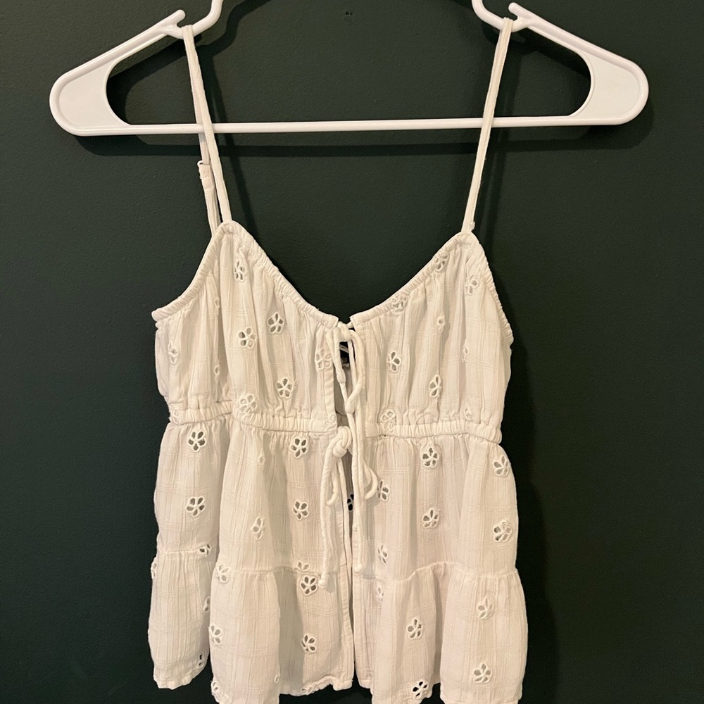 American Eagle White Eyelet Tie-Front Peplum Cami Top